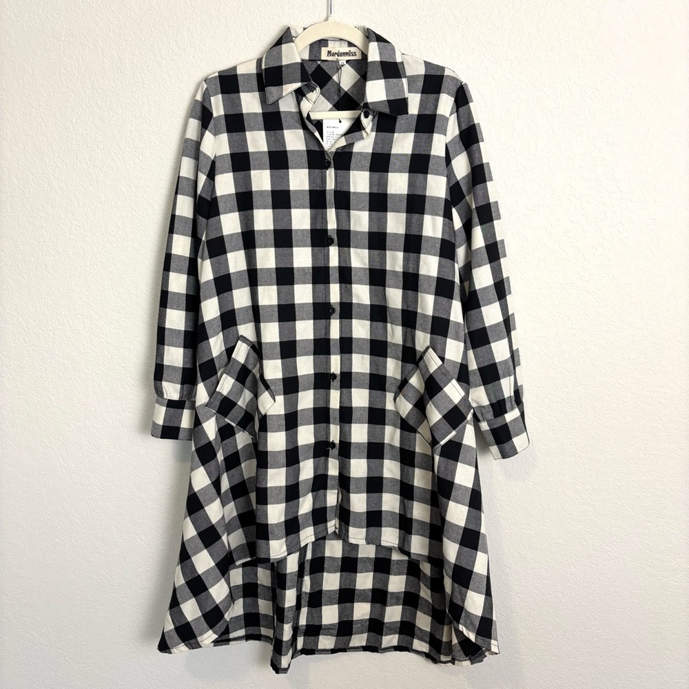 NWT Mordenmiss Black Ivory Checkered Gingham Long Sleeve Dress Women’s Medium